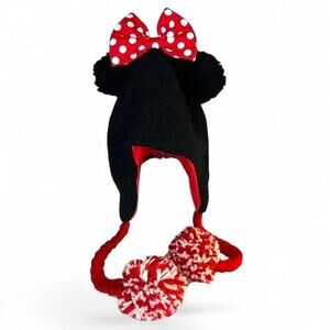 Disney Minnie Mouse Beanie Hat Black Knit Polka Dot Bow Earflap Pom Pom Winter